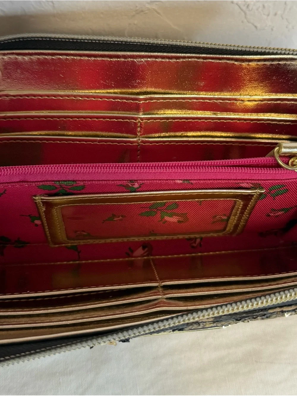 Betsey Johnson Black and Gold Sequin Wallet with Gold Nameplate